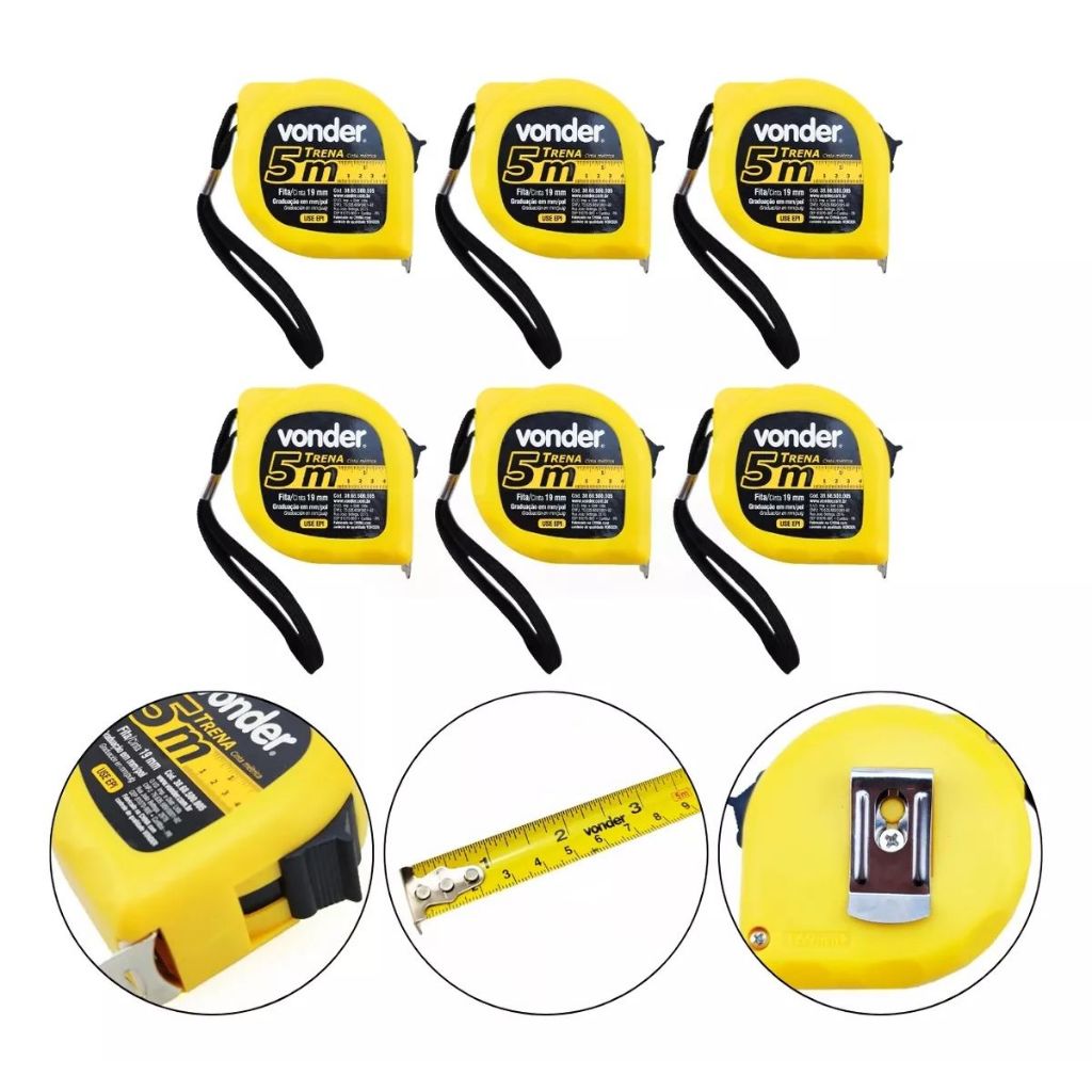 Kit com 6 Trenas Vonder 5m Aço 19mm Classe II Medição Precisão Profissional com Trava