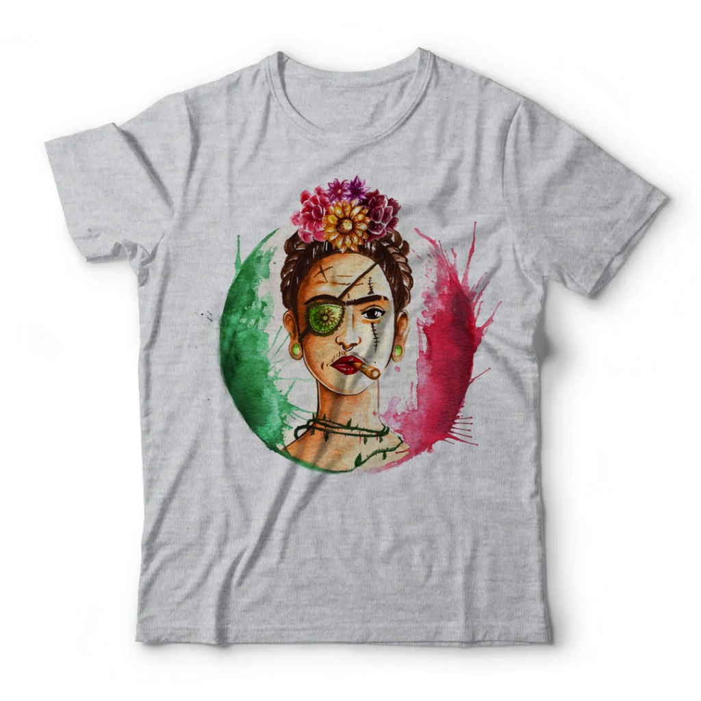 Camiseta Adulto Unissex - Frida Kahlo México (Cores Disponíveis: Cinza, Azul, Rosa, Verde, Amarelo, Branco)