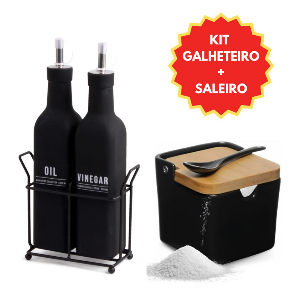 Saleiro + Galheteiro Preto Com Tampa de Bambu Hauskrafit Luxo