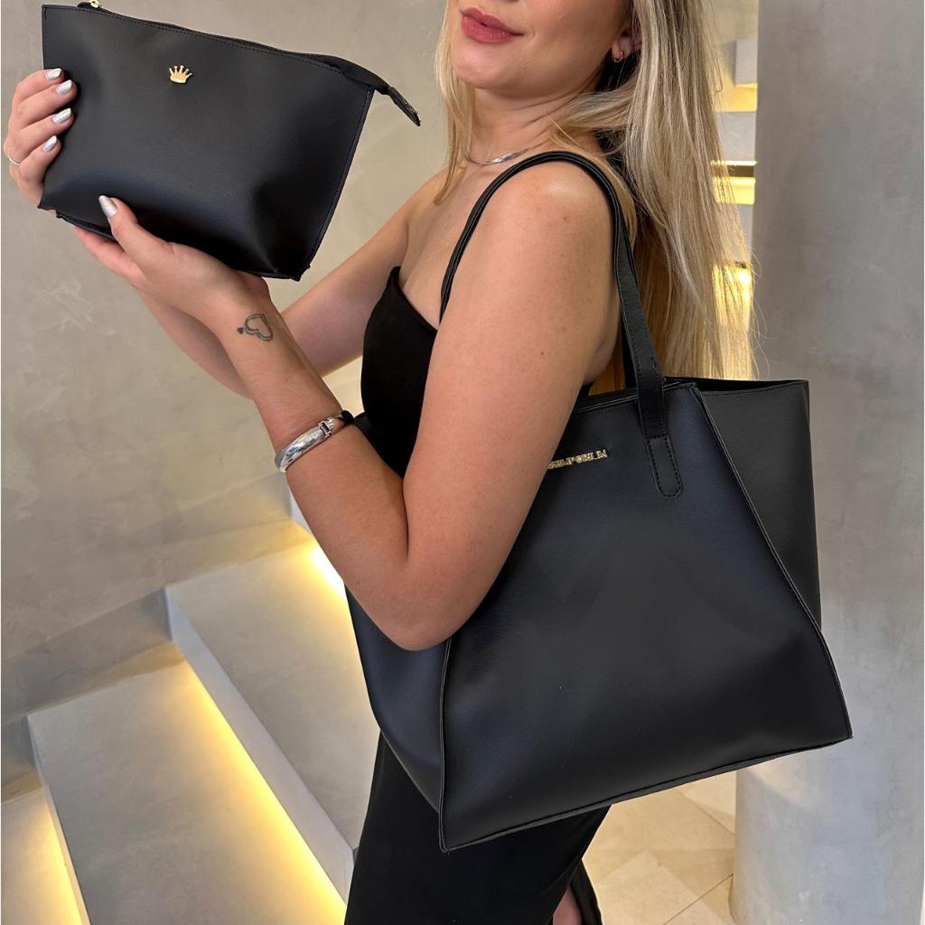 Kit Bolsa Sacola Tote Notebook Alça Superior + Necessaire Estojo Grande  Estilo Faculdade/Trabalho em Oferta na Shopee