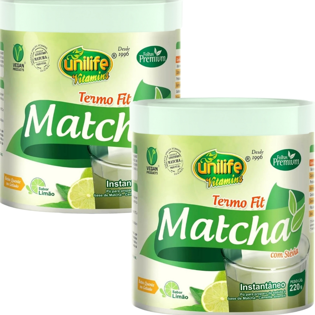 Kit 2 Matcha Termo Fit Cha Verde Instantaneo Sabor Limão 220g Com Stévia - Unilife