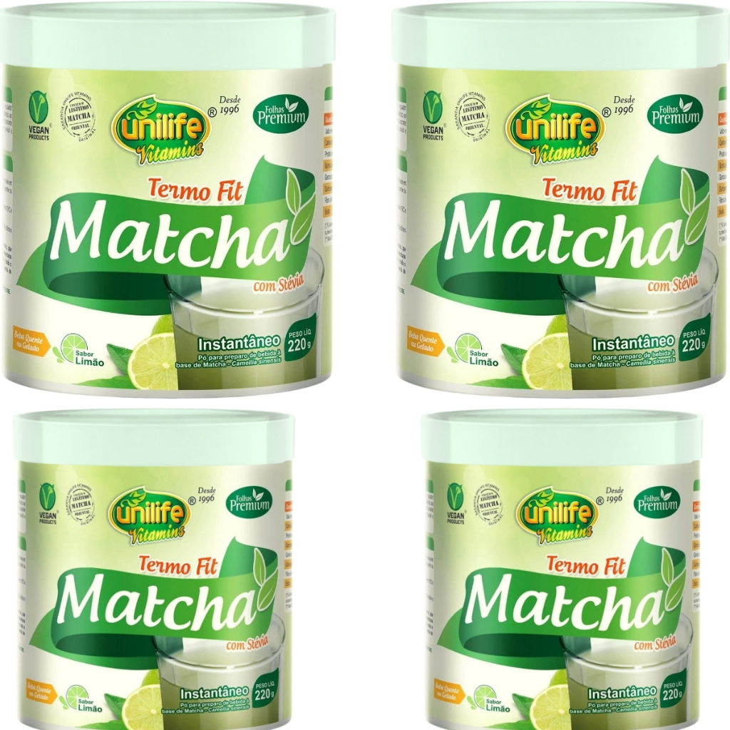 Kit 4 Matcha Instantaneo Termo Fit Sabor Limão Com Stévia 220g Antioxidante - Unilife