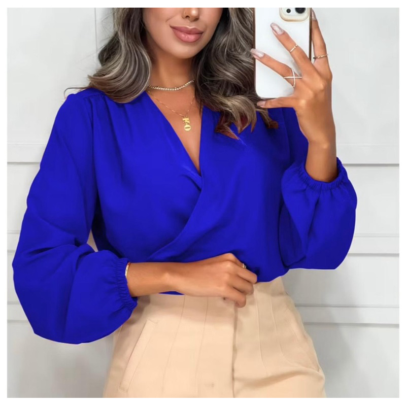 Blusa Feminina Manga Longa Decotada Transpassada Corte V Elegante Vero Tecido Dina Elástic...