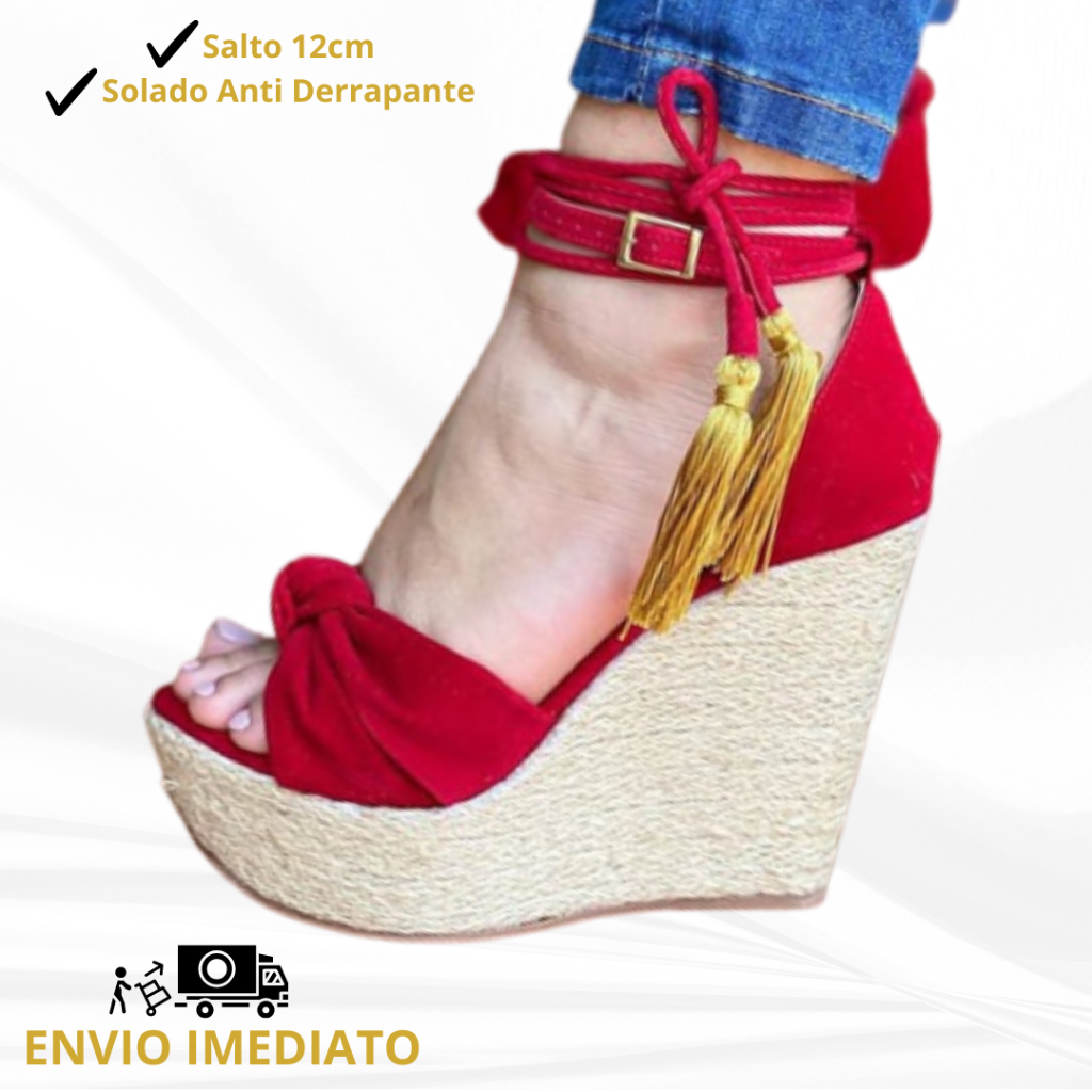 Sandália Anabela Feminina Salto Alto Plataforma 12cm Anti Derrapante Tornozeleira Dupla Leve e Confortavel