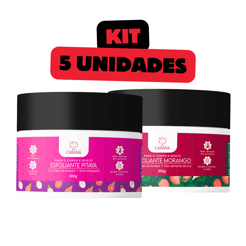 Kit 5 Esfoliantes Corporal e Facial Fio Cabana 300g – Morango ou Pitaya – Pele Macia e Renovada