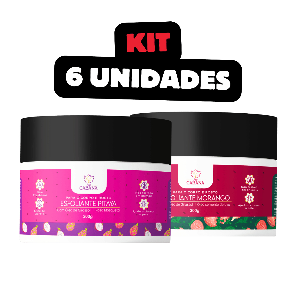 Kit 6 Esfoliantes Corporais Fio Cabana 300g – Morango e Pitaya – Rosto e Corpo - Hidratação Profunda