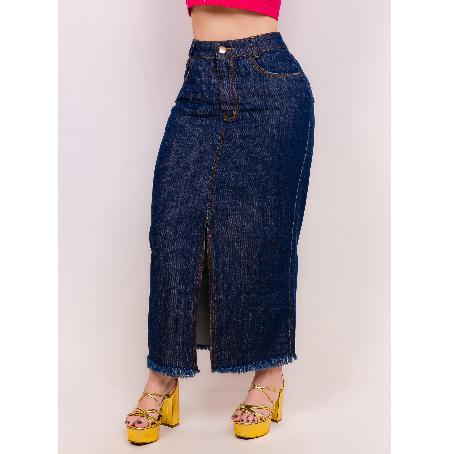 Saia Jeans Moda Feminina Longa Midi Moda Evangélica Com Fenda na Frende Blogueira — imagem 2 de 2