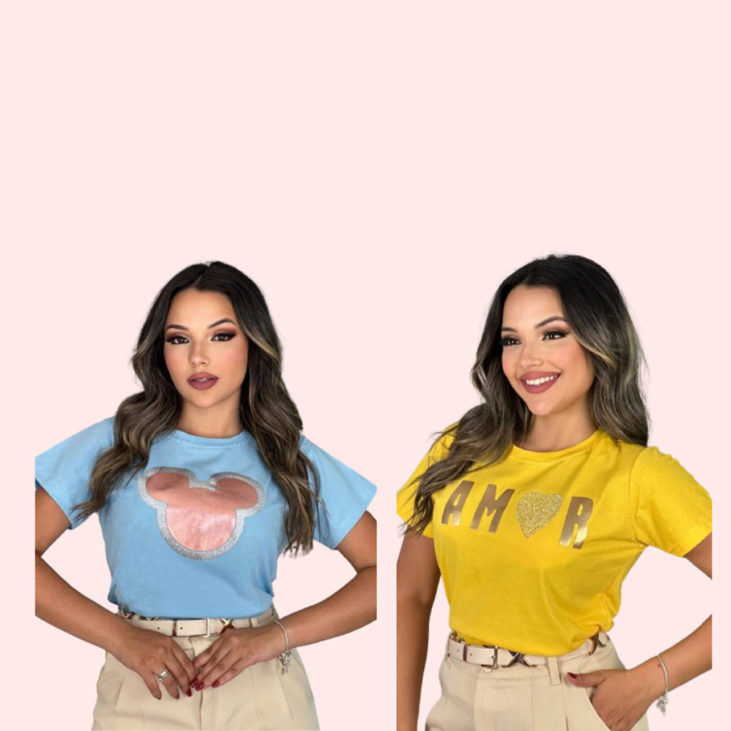 Kit 2 Camiseta T-shirt Feminina Baby Look Estampada 100% Algodão