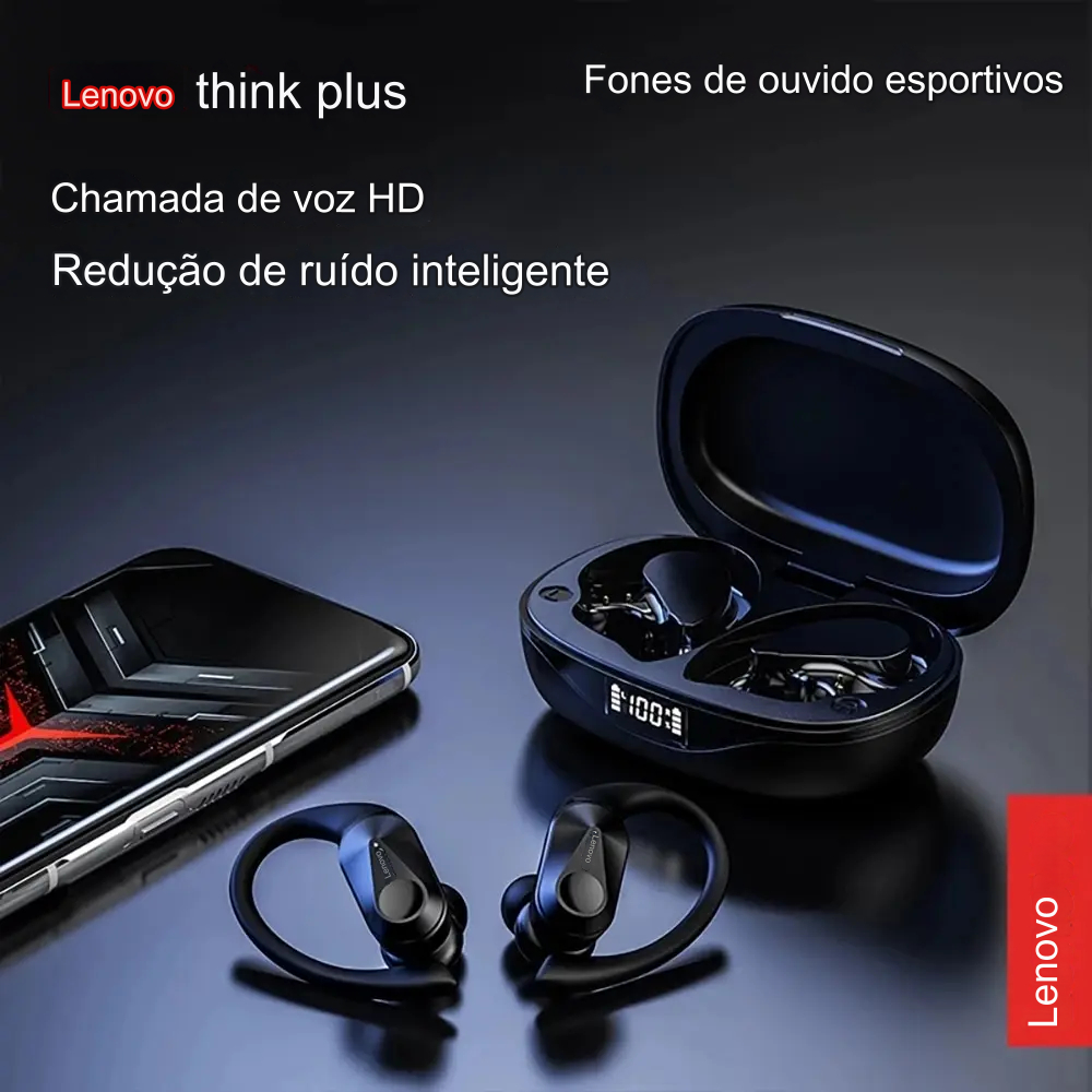 Fone Bluetooth Lenovo  LP75, Fones de Ouvido Esportivos, com Microfone, Controle de Botão, Display LED Power, Som Stereo Hifi, Bluetooth 5.3 TWS