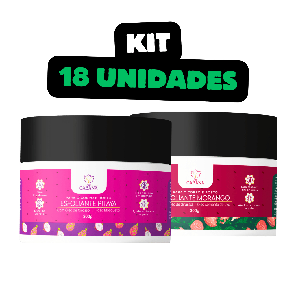 Kit 18 Esfoliantes Fio Cabana 300g Morango ou Pitaya – Corporal e Facial com Óleos Naturais