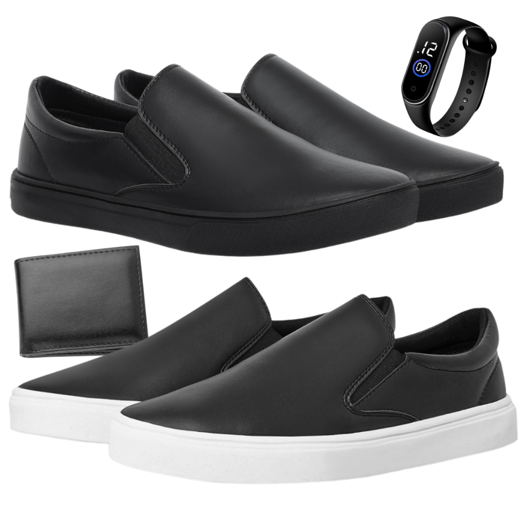 Kit 2 Pares Tenis Sapatenis Iate Slip On Calce Facil Masculino Feminino Confort + Relogio + Carteira