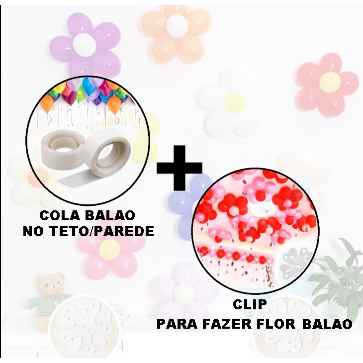 Kit 30   Suporte Bexiga Flor +Fita Adesivo C/500 Unidades Teto Parede