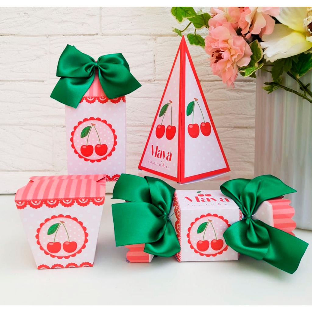 Kit Pegue Monte Personalizados Cerejinha 20 a 60 Caixinhas Lembrancinhas de Aniversário Mesversário