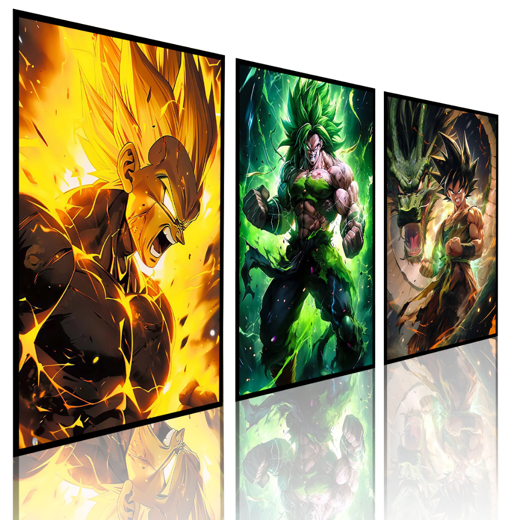 Kit 3 Quadros Decorativos Anime Goku Vegeta e Broly - Dragon Ball