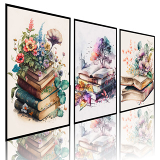 Kit 3  Quadros Estudo Livros Floral Arte Abstrata em Oferta na Shopee