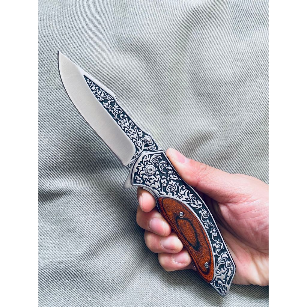 Canivete Cabo Madeira Esculpido à mão SemiAutomatico em Oferta na Shopee