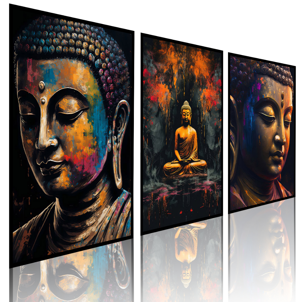 Imagem Trio de Quadros Buda Budismo Religioso Meditação Equilíbrio Espiritual Cultura oriental Harmonia e paz
