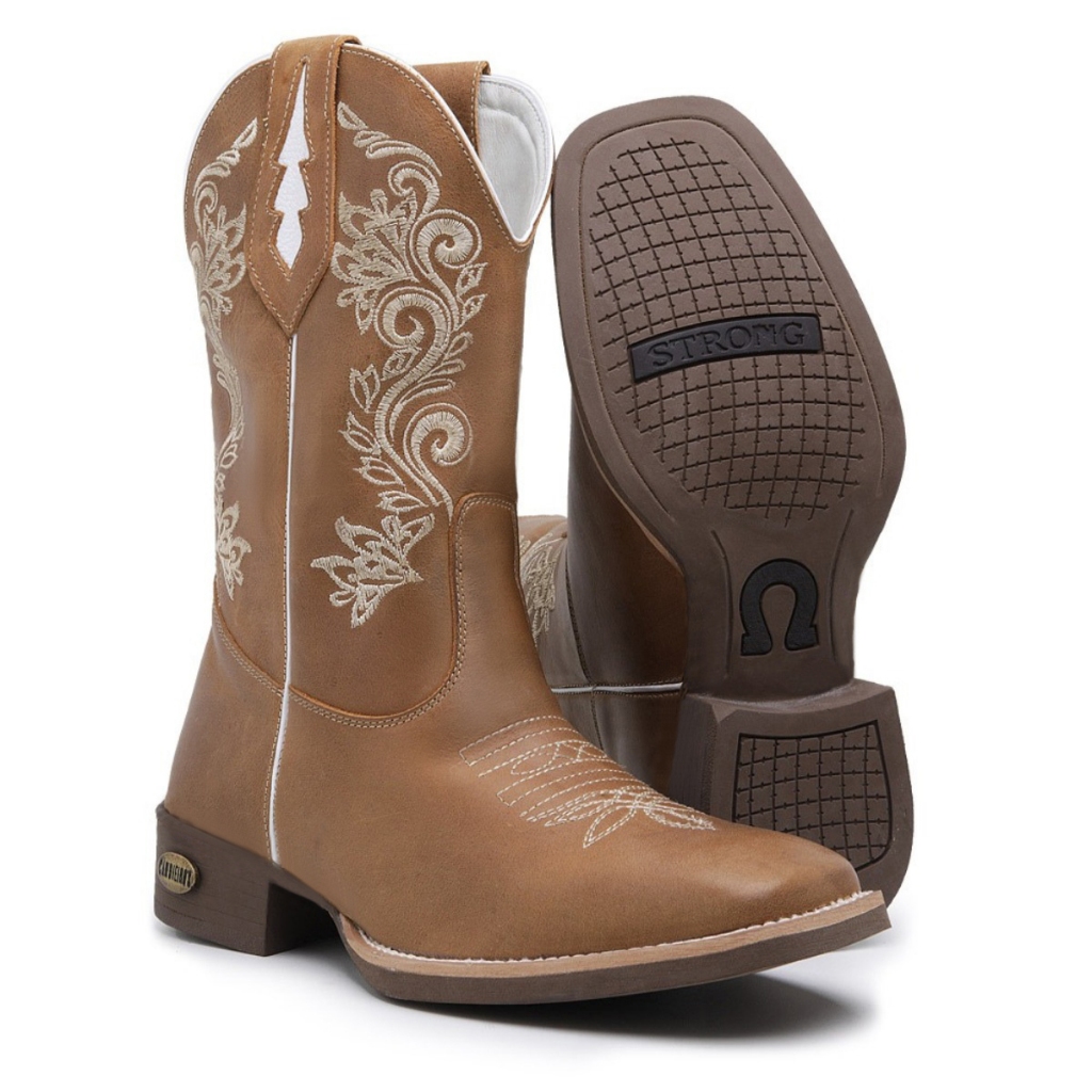 Texana Feminina Bota Botina Country Bico Quadrado Couro Legitimo Bordado Floral