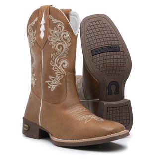 Texana Feminina Bota Botina Country Bico Quadrado Couro Legitimo Bordado Floral