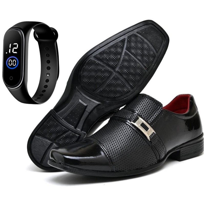 Sapato Social Masculino Preto Verniz Moderno com Relógio  Pulseira Smart Watch
