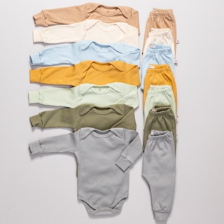 Kit 6 Peças  Conjunto Body Manga Longa Canelado + Mijão Liso Canelado Bebê Menino e Menina Barato em Oferta na Shopee