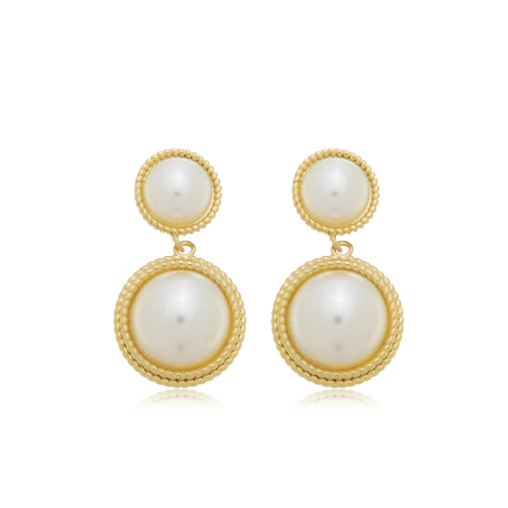 Brinco Feminino Elegante Luxo Dourado Com Base e Pêndulo De Pérolas Folheado a Ouro 18K