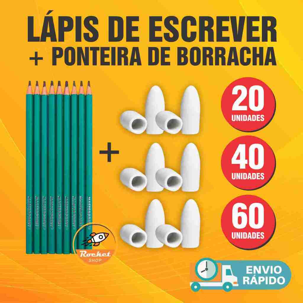 Kit 60 Lápis de Escrever Preto + 60 Borracha Branca
