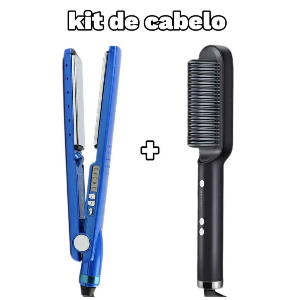 Kit Escova Alisadora Bivolt 5 em 1 + Chapinha de Cabelo Nano Titanium