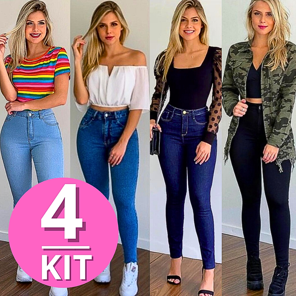 Kit 4 Calças Jeans Feminina Com Elastano Skinny Levanta Bumbum Cintura Alta - Envio Imediato