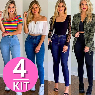 Kit 4 Calças Jeans Feminina Com Elastano Skinny Levanta Bumbum Cintura Alta - Envio Imediato