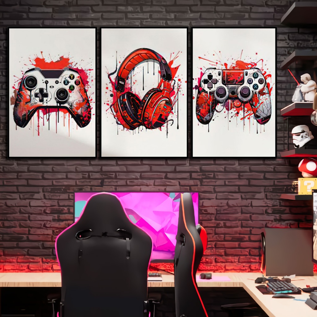 Kit 3 Quadros Decorativos Gamer Controles Video Game Jogos Colorido Neon Quarto