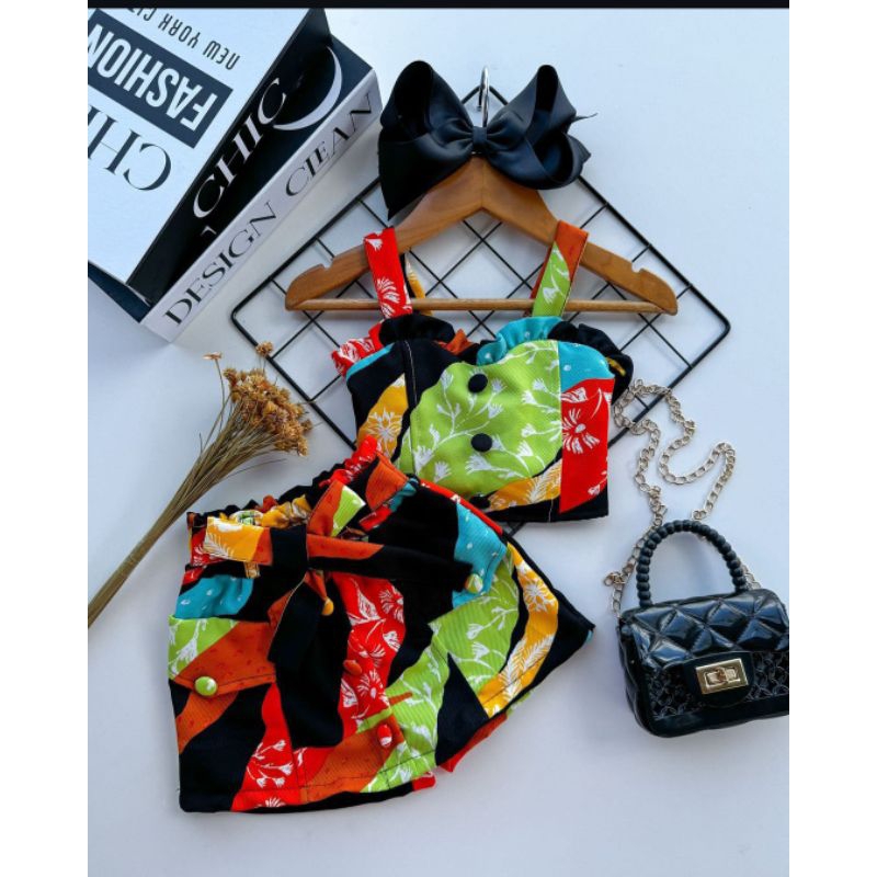 Conjunto Short Saia Botão Tecido Sasha Verão Moda Feminina Infantil Menina