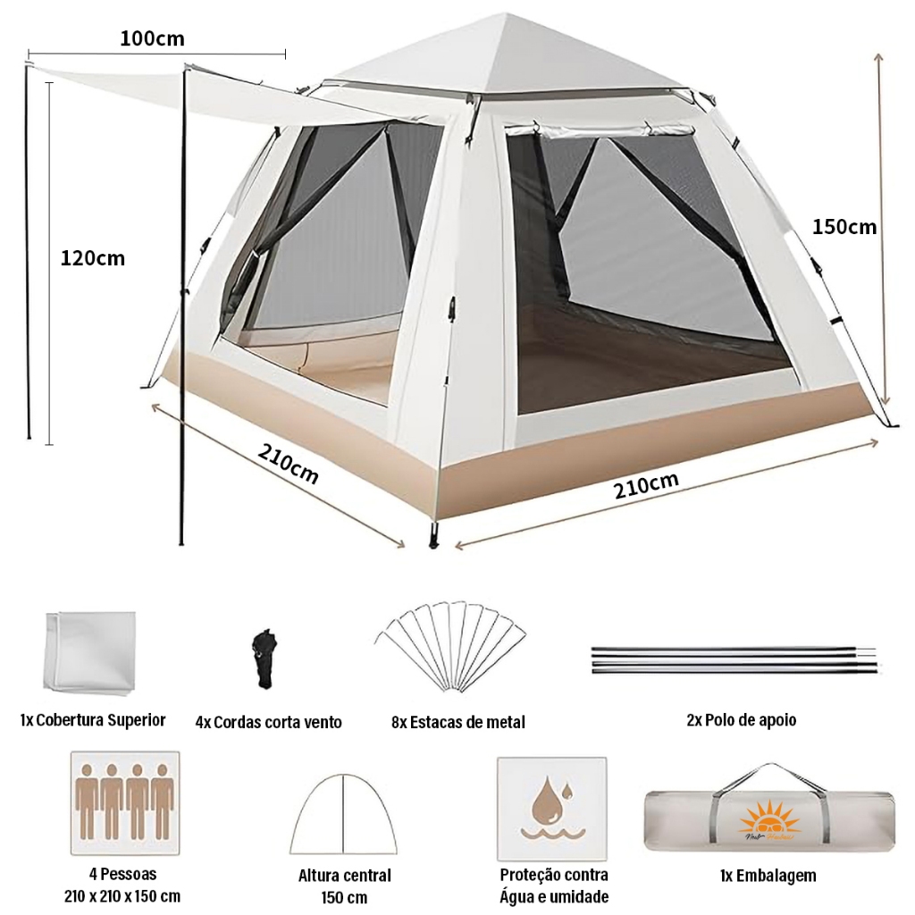 New Hawaii Barraca Camping Automática Portátil,Tenda de Acampamento Para 3-4 Pessoas 210*210*135cm