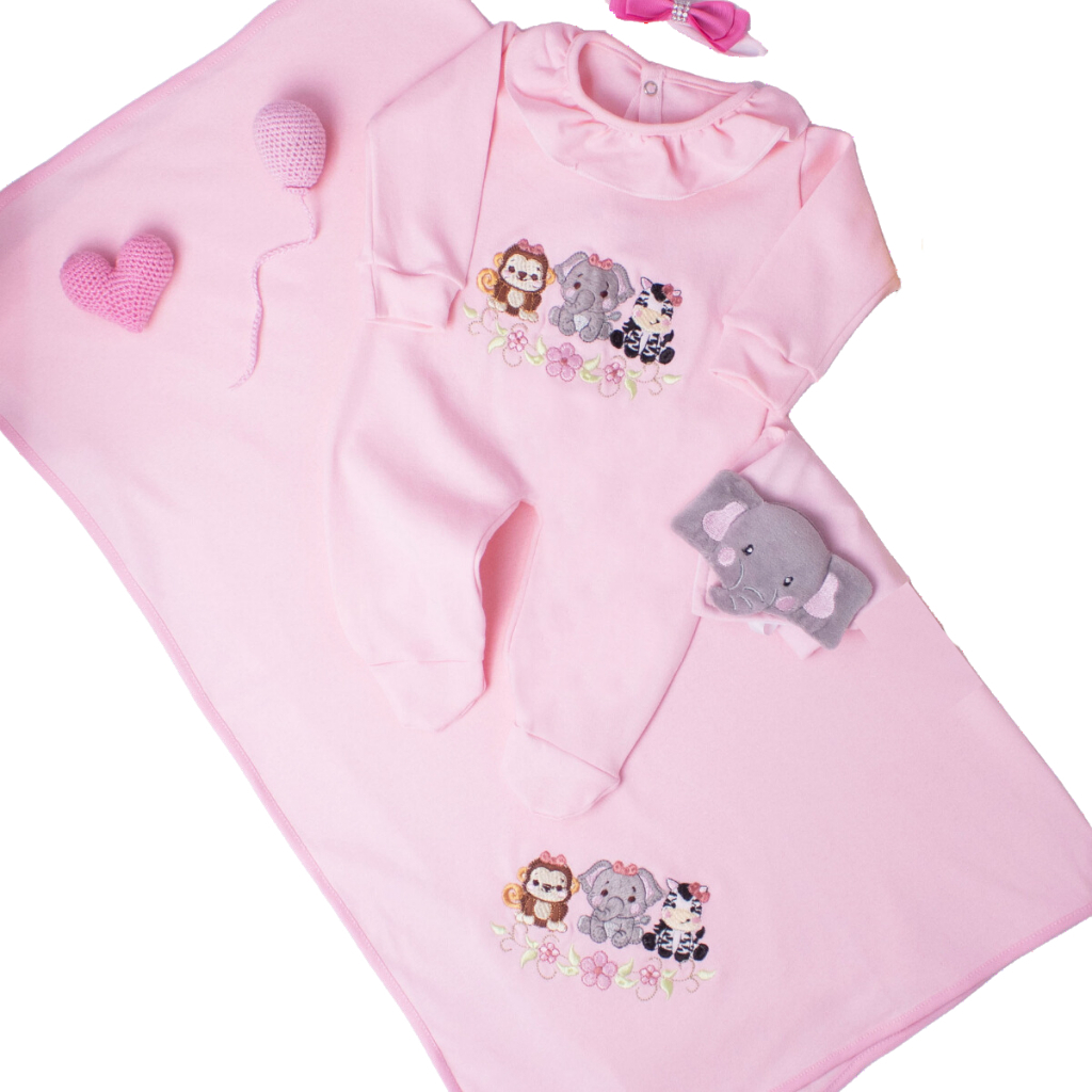 Saída Maternidade Bebê Menina Safari Bordada Rosa com Manta 100% Algodão 4 peças