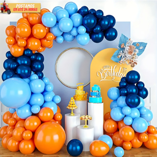 Kit 125 Balão Para Arco Latex e Cromado Laranja + Azul Claro + Azul Cromado Decoração Festas Eventos em Oferta na Shopee