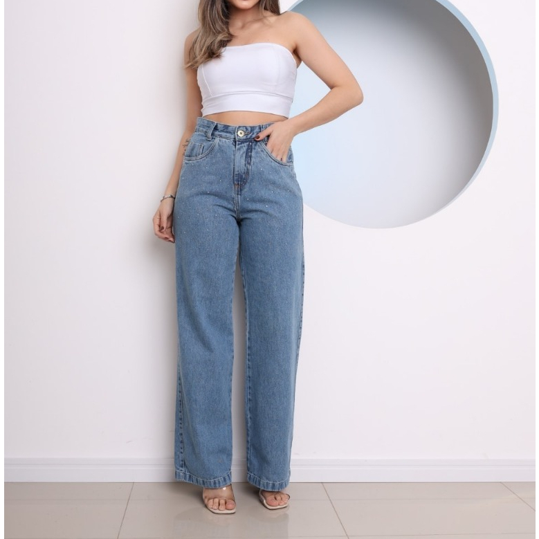 Calça jeans wide leg com brilho modelo novo feminino em Oferta na Shopee