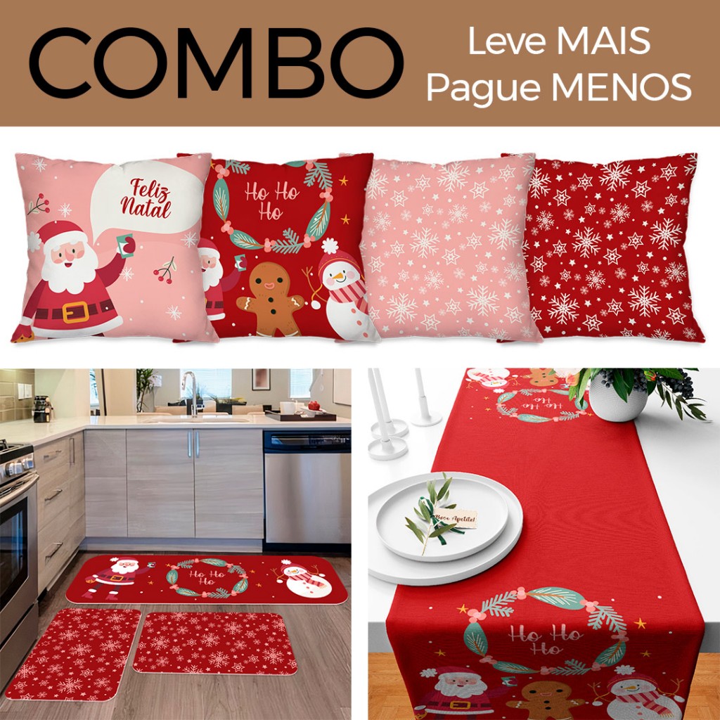 COMBO DE NATAL: KIT 04 CAPAS DE ALMOFADAS PAPAI NOEL + KIT 3 TAPTES DE COZINHA FELIZ NATAL + TRILHO DE MESA NATALINO