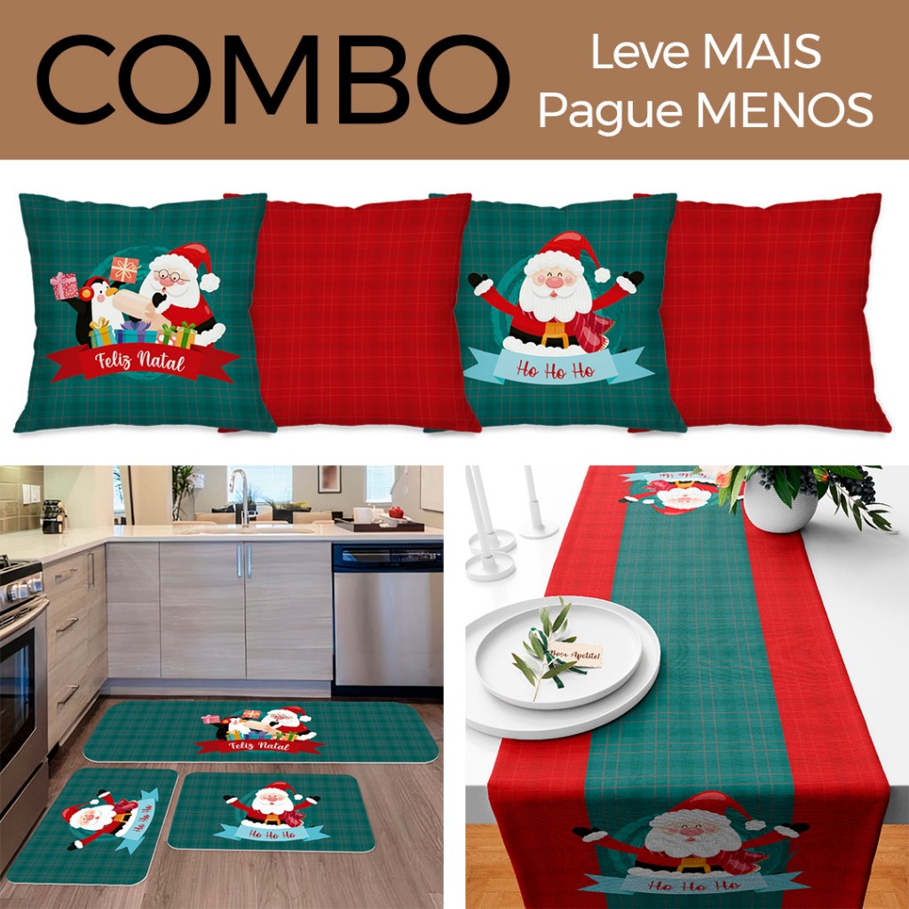 COMBO FELIZ NATAL: KIT 04 CAPAS DE ALMOFADAS PAPAI NOEL + KIT 3 TAPETES DE COZINHA FELIZ NATAL + TRILHO DE MESA NATALINO