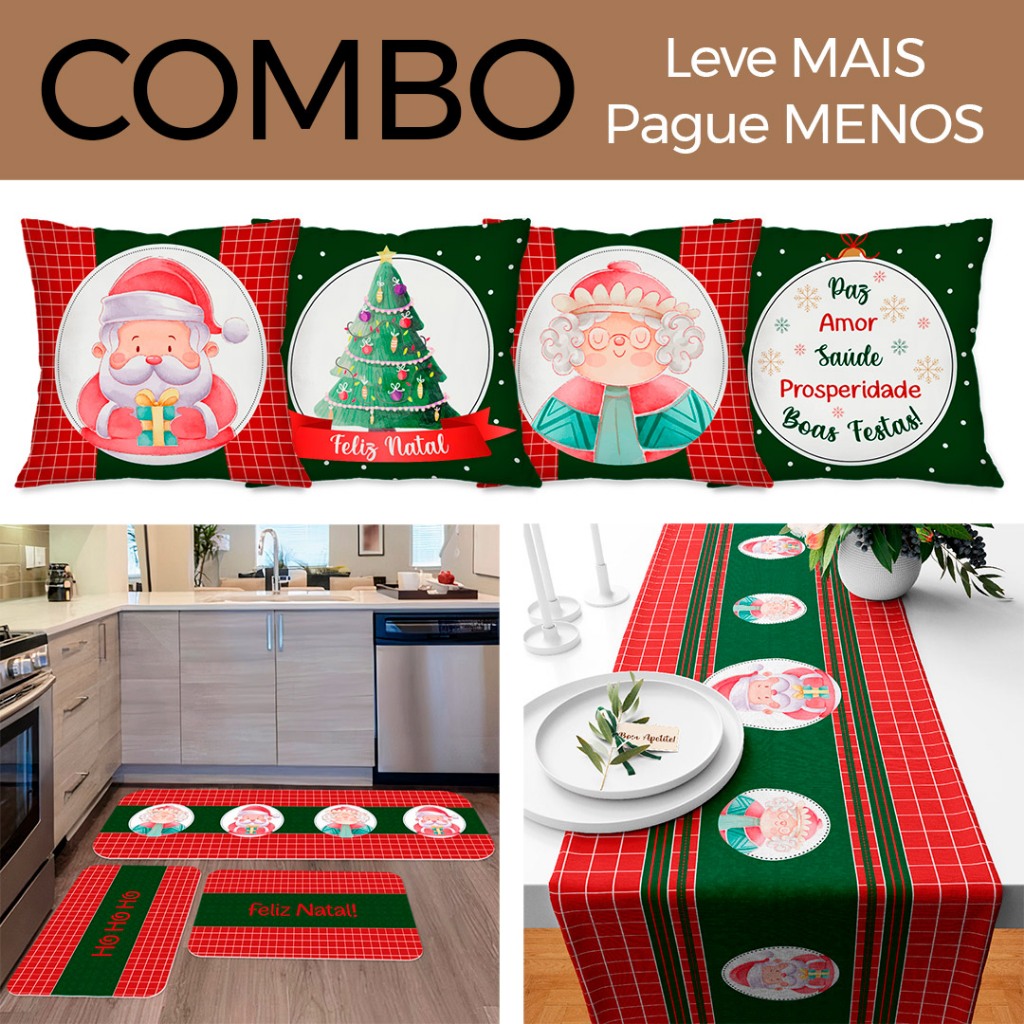 COMBO NATALINO: KIT 04 CAPAS DE ALMOFADAS PAPAI NOEL + KIT 3 TAPTES DE COZINHA FELIZ NATAL + TRILHO DE MESA NATALINO