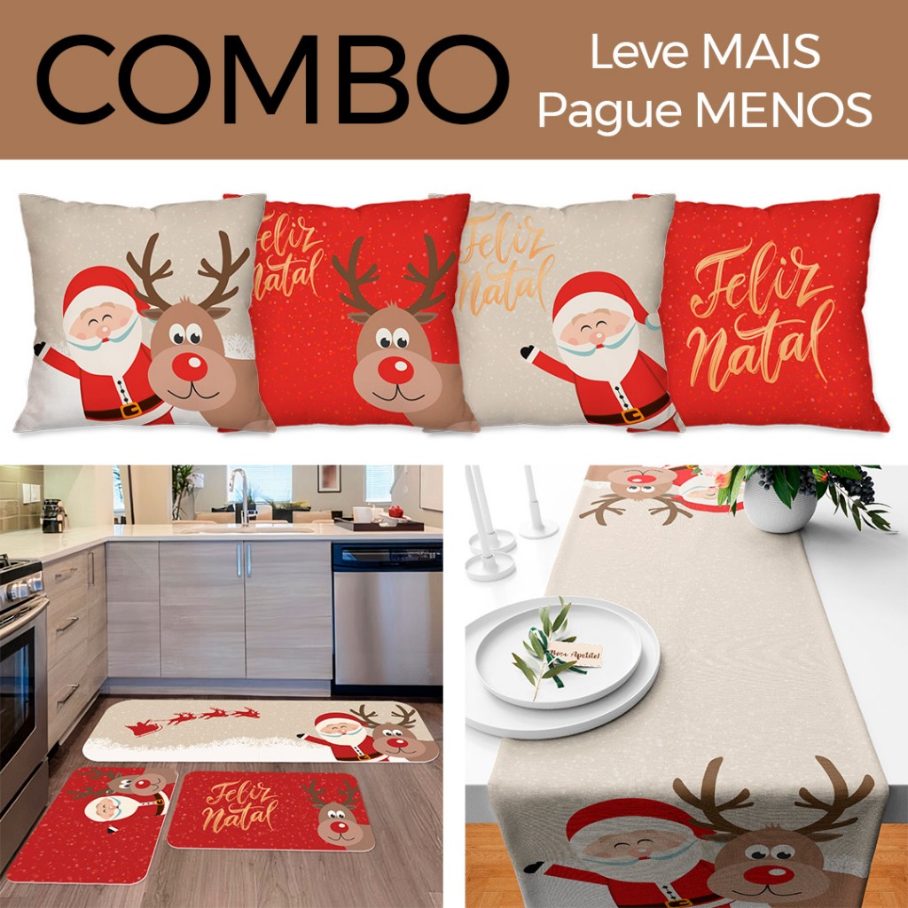 COMBO DE NATAL: KIT 04 CAPAS DE ALMOFADAS PAPAI NOEL + KIT 3 TAPETES DE COZINHA FELIZ NATAL + TRILHO DE MESA NATALINO