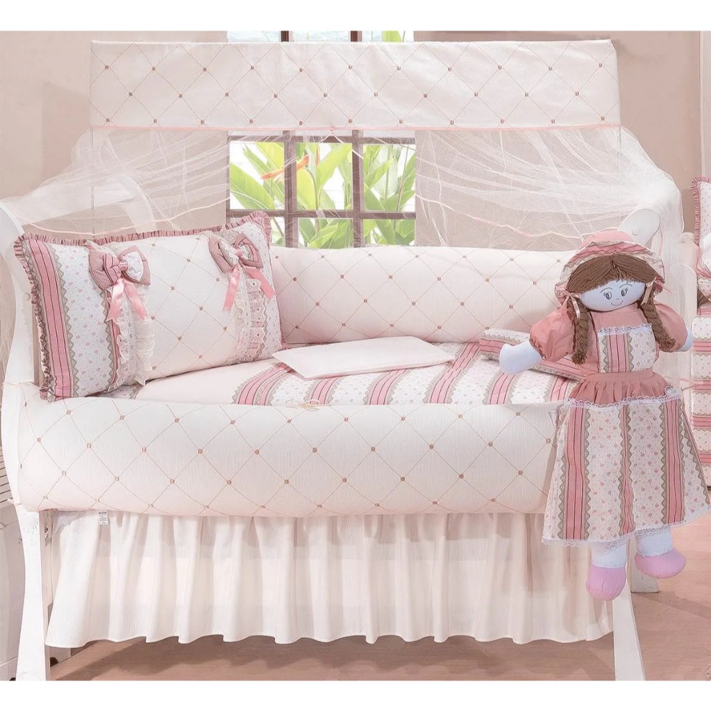 Kit berço completo 10 Peças + Bi-cama (Babá) e Cortina Menina Modelo Essence