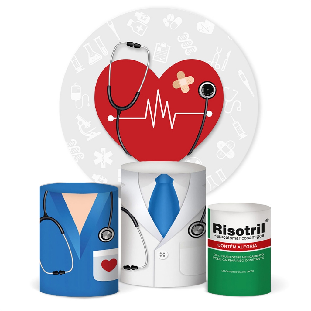 Trio Capa De Cilindro + Painel Redondo Medicina Saúde Em Tecido Veste Fácil