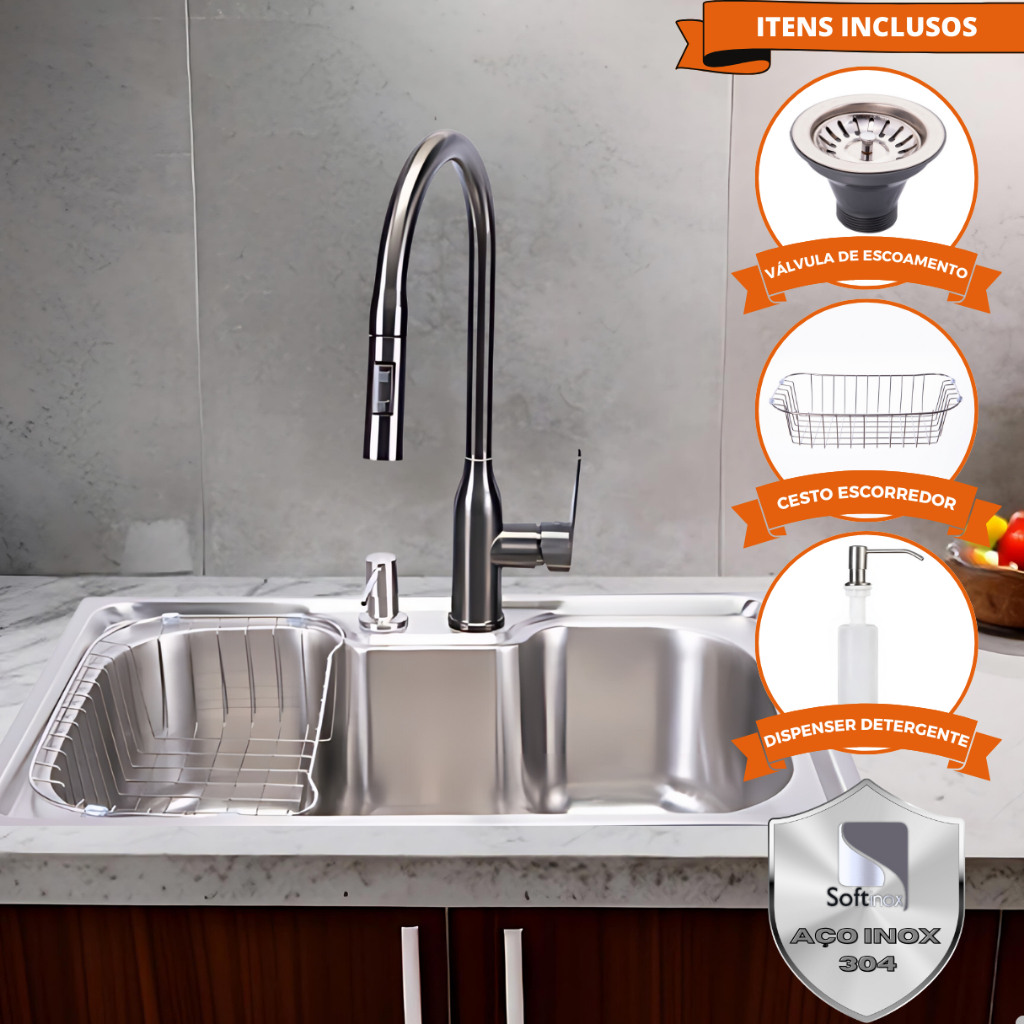 Kit Cuba Pia Cozinha Gourmet Aço Inox 60x40 C/ Torneira Gun Metal Extensora Monocomando e Acessórios