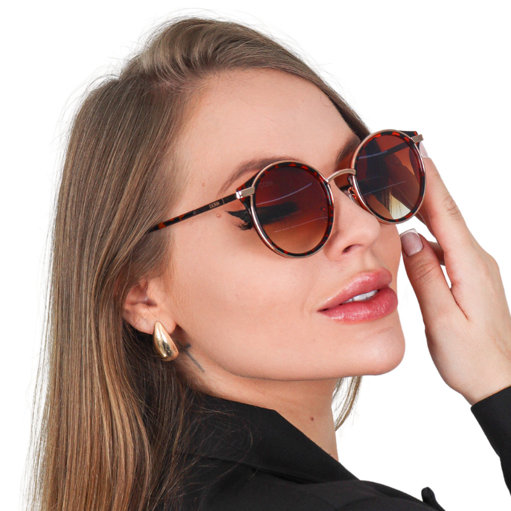 Óculos De Sol Feminino Sofia Redondo Gatinho Metal Luxo Proteção UV400 Acetato Italiano Doha Premium