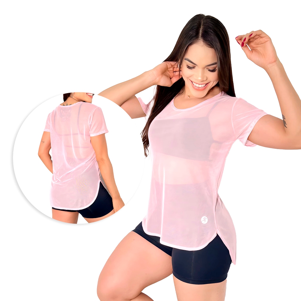1 Blusa Tule Femenina Manga ou Regata Transparente Academia Esportiva