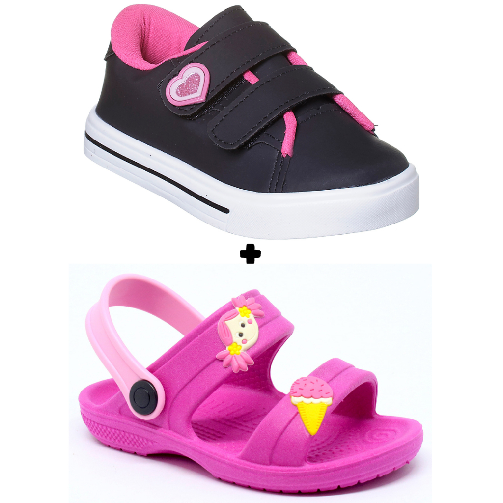 Kit 1 tênis infantil menina mais sandália infantil feminino moda voltas aulas promoção escolar