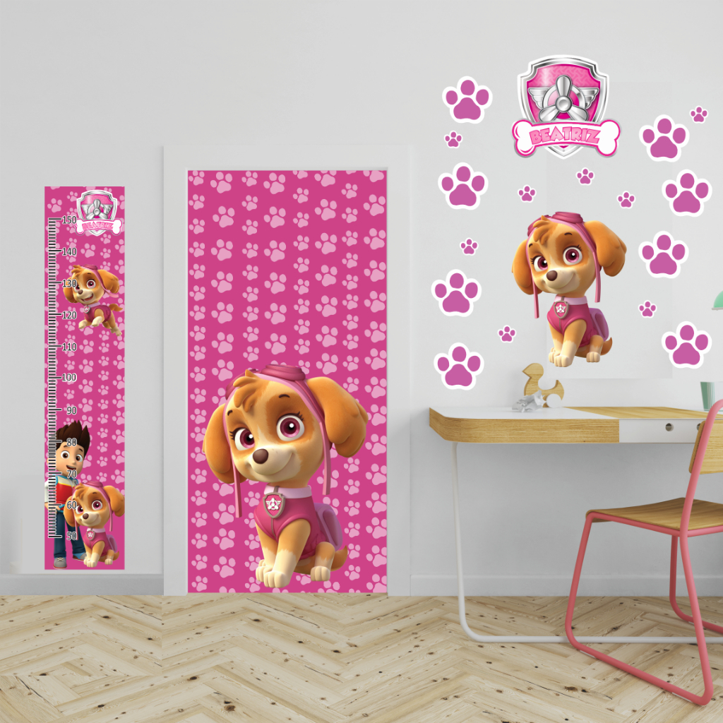 KIT ADESIVO DECORATIVO + ADESIVO DECORATIVO PARA PORTA + RÉGUA DE CRESCIMENTO - PATRULHA CANINA - SKYE - COM NOME