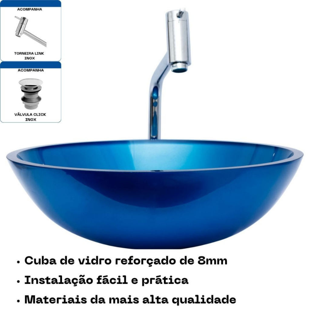 Kit p/ Banheiro Cuba De Vidro com Torneira Link e Válvula Click inclusas - Modelo Redonda 30cm em Oferta na Shopee