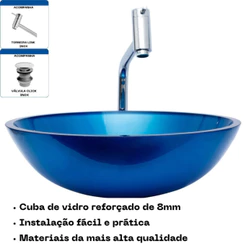 Kit Lopazzi p/ Banheiro Cuba De Vidro com Torneira Link e Válvula Click inclusas - Modelo Redonda 30cm