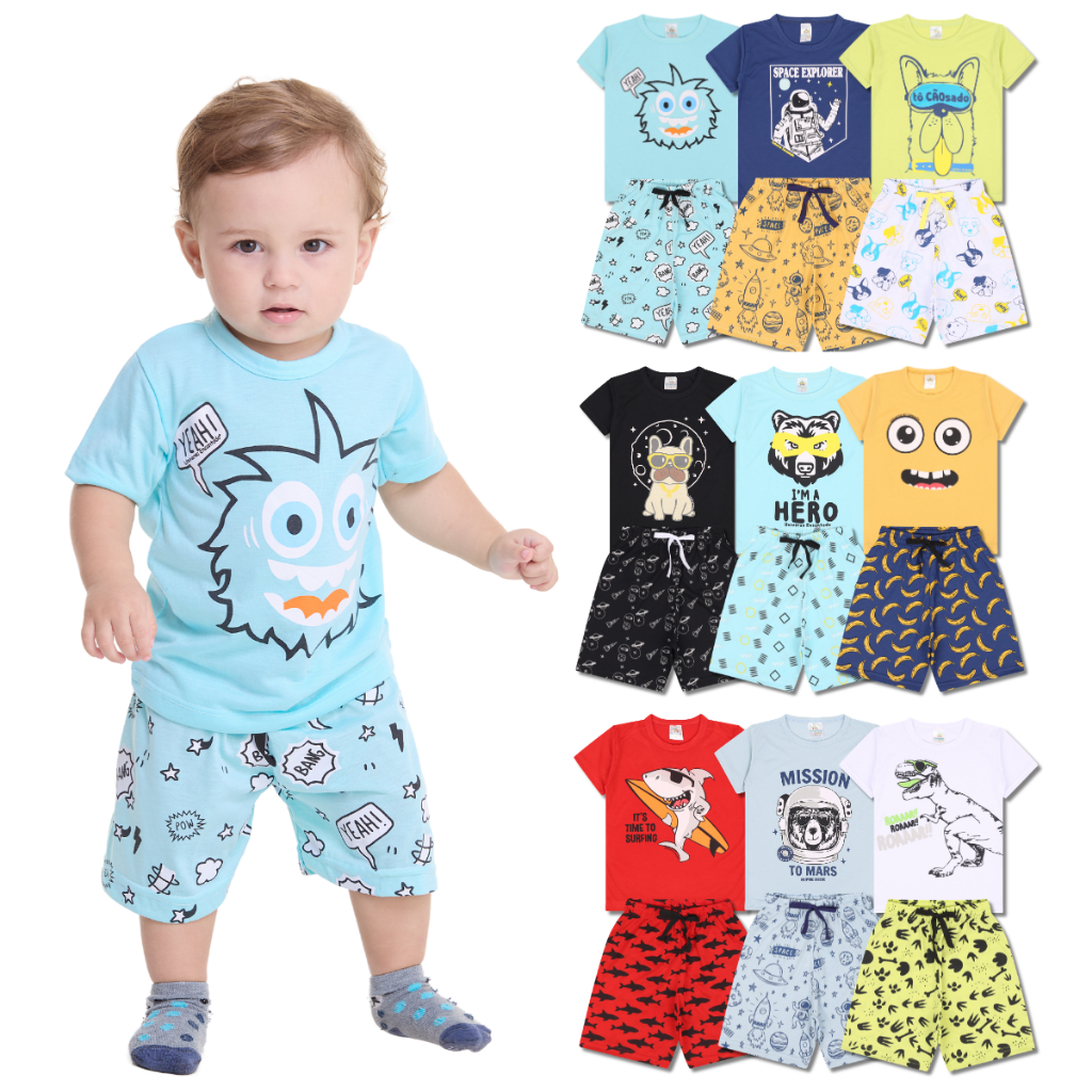Kit Sortido 6 Peças Pijama Curto Bebê Menino (3 Camisas + 3 Bermudas) Kit 3 Pijamas menino Bebê Roupa Infantil em Oferta na Shopee